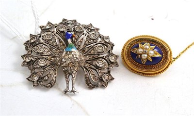 Lot 354 - A paste set enamelled peacock brooch, a Victorian seed pearl and a blue enamelled brooch (a.f.)