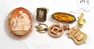 Lot 356 - A cameo brooch, a Masonic pendant, a smokey quartz ring, a shield etc