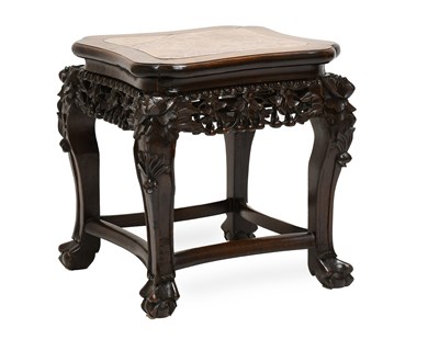 Lot 95 - A Chinese Hardwood and Pink Marble Plant Stand,...