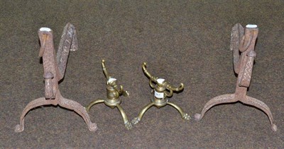 Lot 367 - Pair of brass andirons and a pair of 18th century steel irons