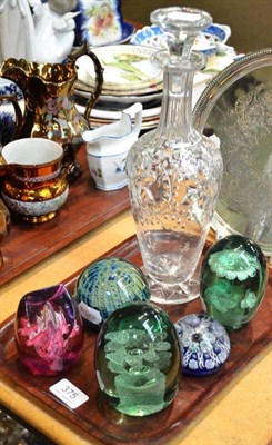 Lot 375 - A Webb type glass decanter and stopper; two green glass dumps; three paperweights