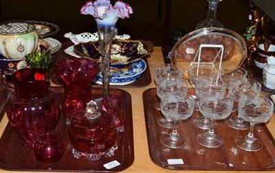 Lot 377 - A cranberry glass large jug; powder bowl and cover; cream jug; posy vase; frilled vase; four...