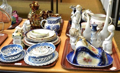 Lot 378 - Four trays of decorative ceramics including copper lustre jugs; a Lladro figure; four Nao and...