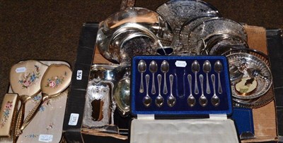 Lot 379 - A cased set of twelve silver teaspoons and pair of sugar tongs; a cased set of seven silver apostle