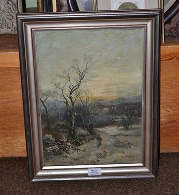 Lot 386 - William Ashton, oil on canvas, figure in a snowy landscape