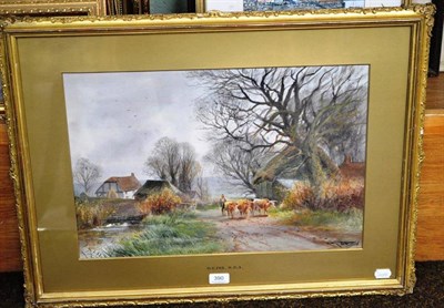 Lot 390 - H C Fox, watercolour, cattle being driven down a country lane, signed and dated 1916, attributed to