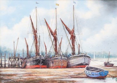 Lot 1221 - Jack Rigg (1927-2023) Fishing boats at low...