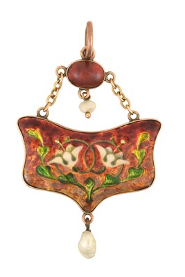 Lot 2421 - An Enamel, Garnet and Pearl Pendant the plaque...