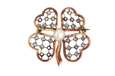 Lot 2455 - A Diamond and Cultured Pearl Brooch, circa...