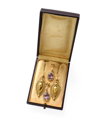 Lot 222 - A Pair of Amethyst Drop Earrings, stamped '9'...