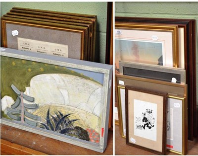 Lot 413 - Train luggage labels and G.W.R labels in five frames; three modern signed prints; pastel of two...