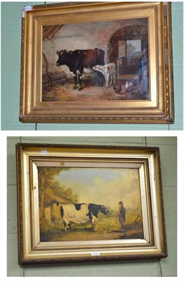 Lot 416 - Oil on canvas, cow and calf in a barn with hens; and another oil on canvas of a bull and farmer