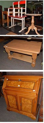 Lot 456 - Modern pine coffee table; pine tripod table; modern bureau bookcase; an oak single drawer...