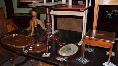 Lot 458 - Victorian tripod table, two trays, embroidered panel and a small inlaid table