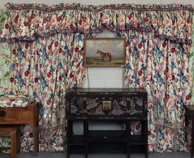 Lot 214 - A Pair of Glazed Cotton Curtains, Pelmet,...