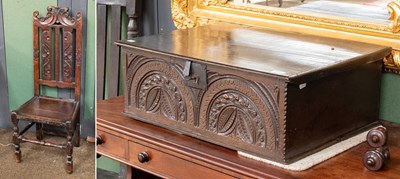 Lot 1361 - A 17th Century Oak Hall Chair, with scroll...
