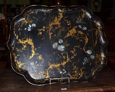 Lot 479 - A Victorian papier mache tray with gilt and mother-of-pearl decoration, inscribed verso 'Old...