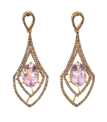 Lot 2359 - A Pair of Kunzite and Diamond Drop Earrings...