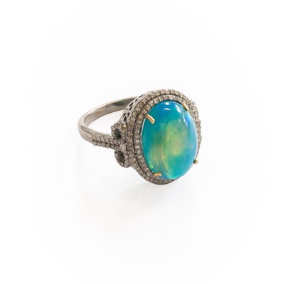 Lot 374 - An Opal and Diamond Cluster Ring, the oval...