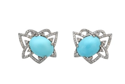 Lot 2365 - A Pair of Turquoise and Diamond Earrings the...