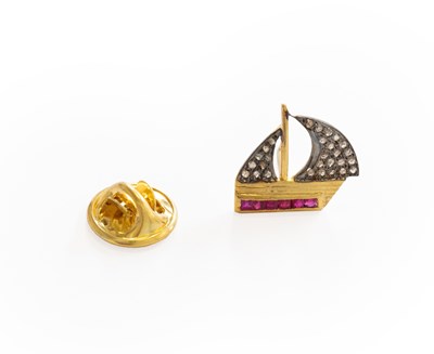 Lot 365 - A Ruby and Diamond Tie Pin, the boat motif set...