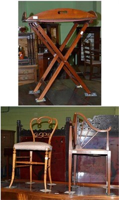 Lot 530 - An Edwardian inlaid mahogany corner chair, a bedroom chair, and a mahogany butler's tray on stand