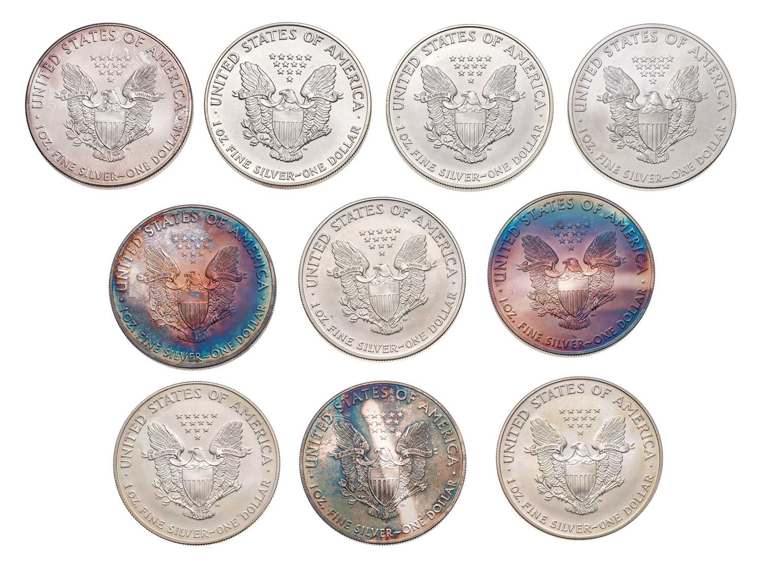 Lot 122 - USA, 10x 1oz Fine Silver Eagles, one dollar...