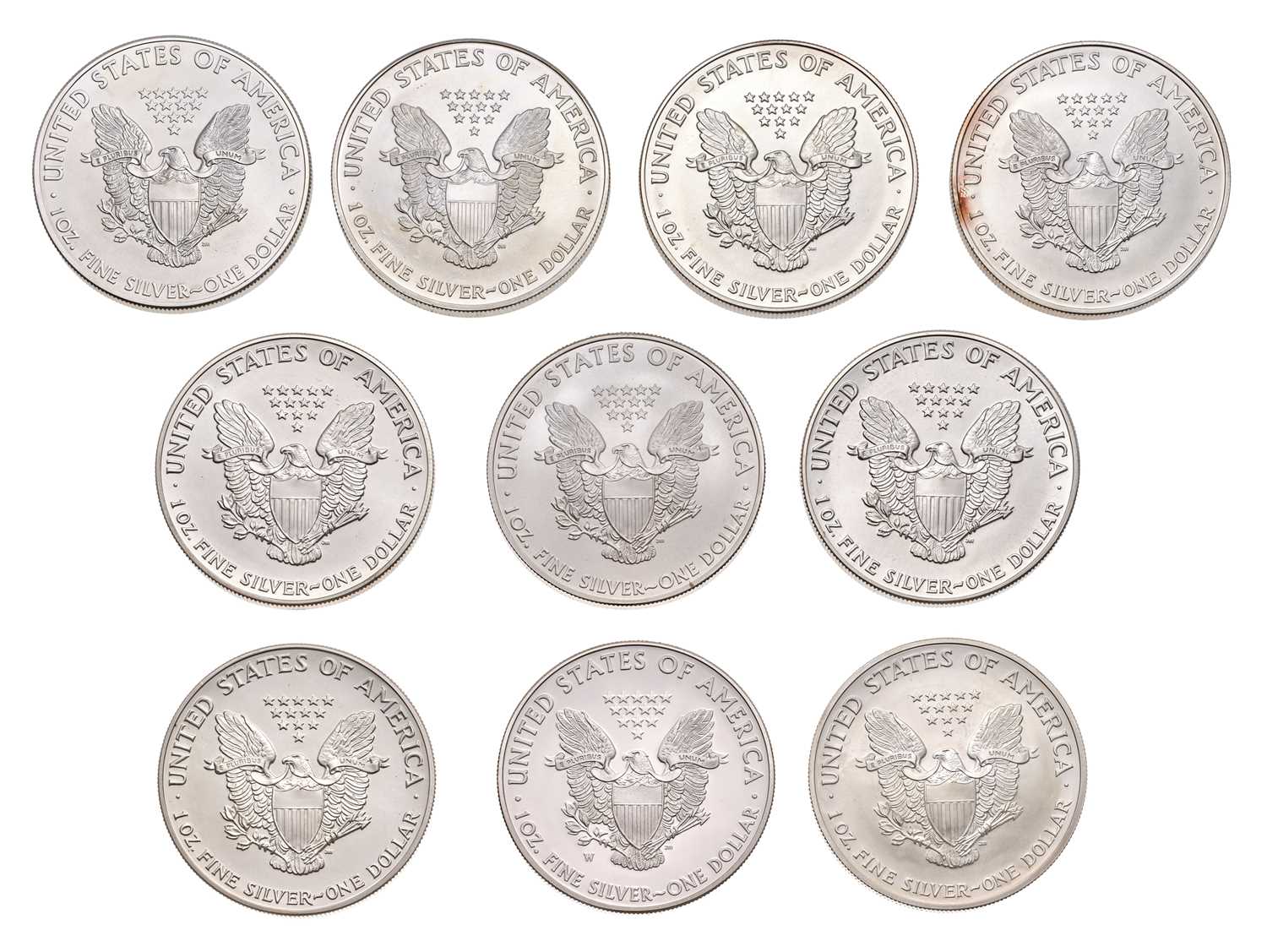 Lot 123 - USA, 10x 1oz Fine Silver Eagles, one dollar...