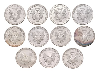 Lot 124 - USA, 11x 1oz Fine Silver Eagles, one dollar...