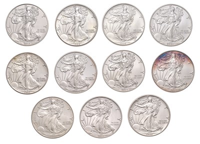 Lot 124 - USA, 11x 1oz Fine Silver Eagles, one dollar...