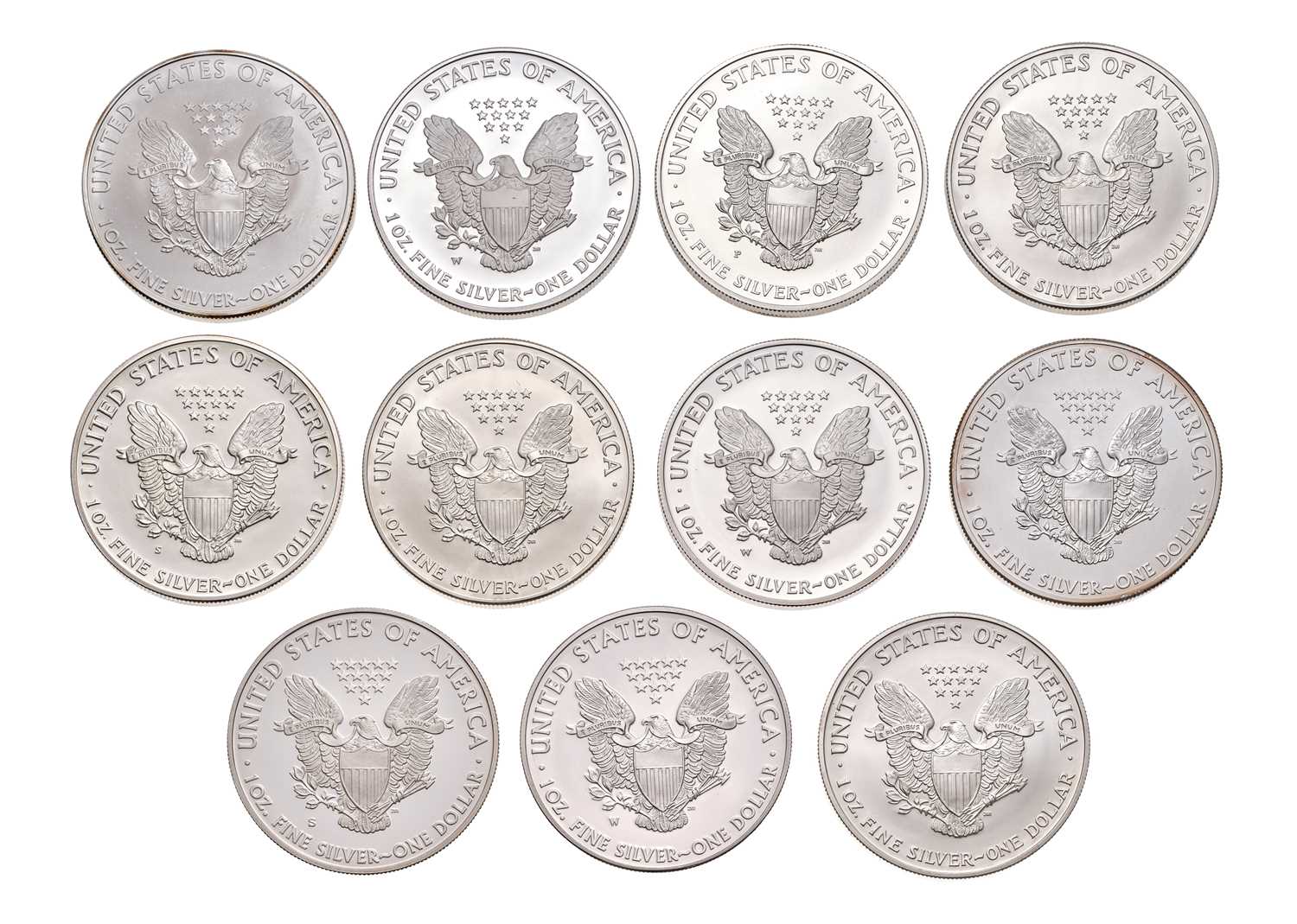 Lot 125 - USA, 11x 1oz Fine Silver Eagles, one dollar...