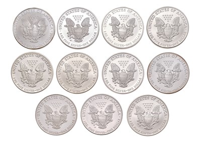 Lot 125 - USA, 11x 1oz Fine Silver Eagles, one dollar...