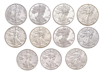Lot 125 - USA, 11x 1oz Fine Silver Eagles, one dollar...