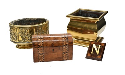 Lot 358 - Two Brass Planters, walnut stationary box,...