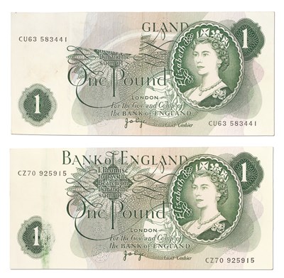 Lot 489 - Bank of England, 2x One Pound Error Notes,...