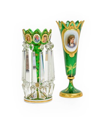 Lot 83 - A Bohemian White Overlay Green Glass Lustre,...
