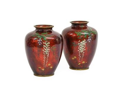 Lot 118 - A Pair of Japanese Red Ginbari Cloisonne Vases,...