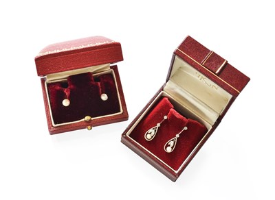 Lot 282 - A Pair of Pearl and Diamond Drop Earrings, the...