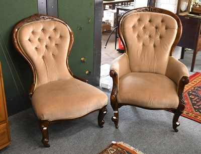 Lot 632 - Victorian Ladies and Gents Chairs, with button...