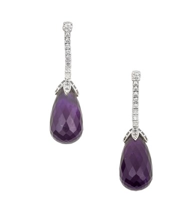 Lot 2390 - A Pair of Amethyst and Diamond Drop Earrings a...