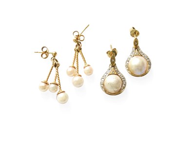 Lot 305 - A Pair of 9 Carat Gold Cultured Pearl Drop...