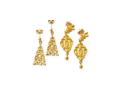 Lot 310 - A Pair of 9 Carat Gold Diamond Drop Earrings,...