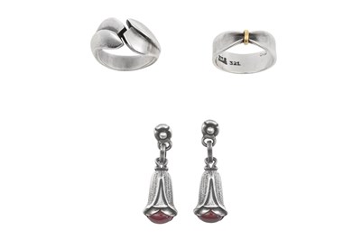 Lot 2351 - A Pair of Garnet Drop Earrings and Two Rings,...