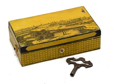 Lot 81 - A Fine Pictorial Yellow Tinplate-Cased Musical Snuffbox In The Style Of Lecoultre