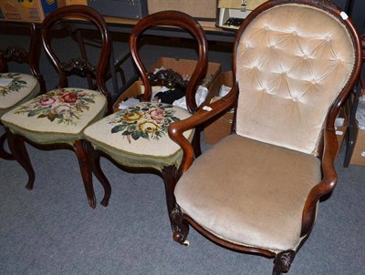 Lot 640 - Upholstered Victorian armchair and three Victorian rosewood chairs (a.f.)