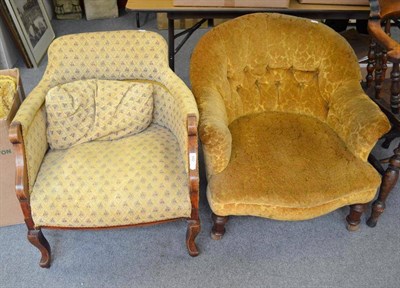 Lot 642 - An Edwardian tub shaped armchair and a Victorian gold velour upholstered armchair (2)