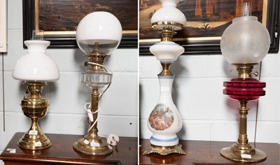 Lot 190 - Victorian Brass Based Oil Lamp, with cranberry...
