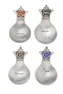 Lot 2077 - Two Edward VIII Silver Caddy-Spoons and Two Edward VIII Silver and Enamel Caddy-Spoons