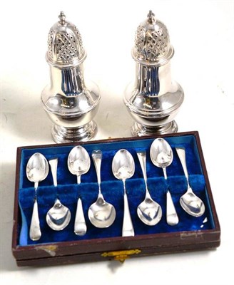 Lot 3 - A pair of silver casters and eight teaspoons, cased