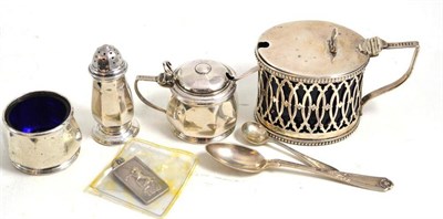 Lot 11 - Victorian silver mustard, three piece silver condiment, silver spoons and a silver pendant
